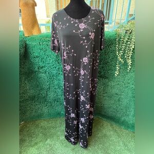 Vintage 90s 2X Black Floral Pattern Slinky Knit Maxi Dress Whimsigoth